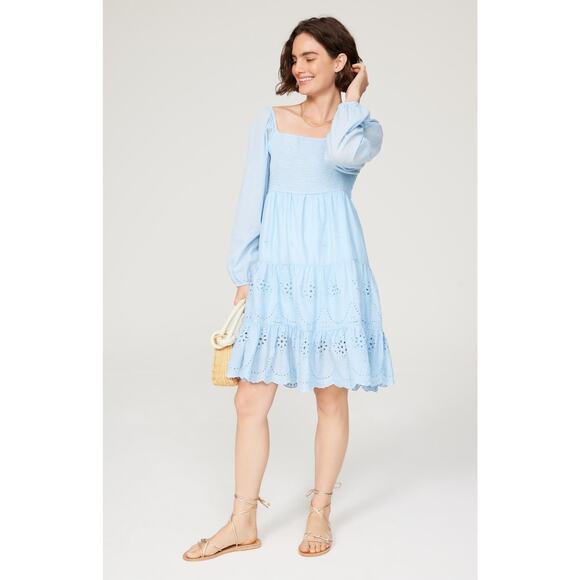 Area Stars Eyelet Trim Light Blue Long Sleeve Square Neck Dress Size Medium - Picture 1 of 16